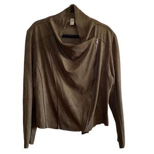 Mahina - Olive Green Micro Faux Suede Jacket - size Large ~ zipped front